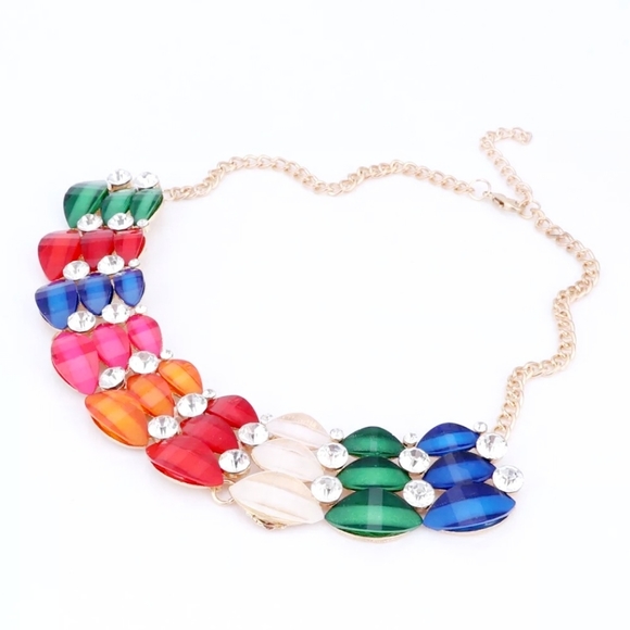 18K gold plated crystal rainbow double stacked necklace earrings set. - Picture 7 of 11